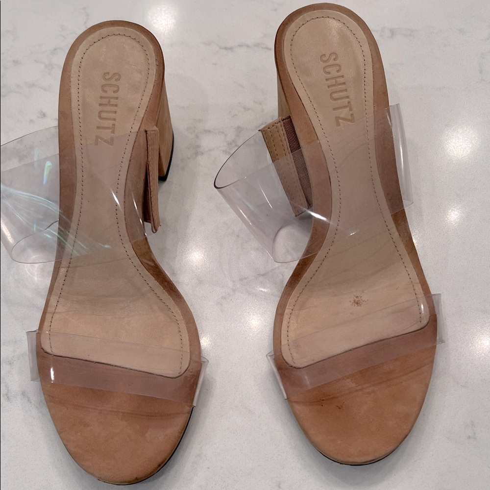 SCHUTZ Tan Block Heel Sandals with Clear Straps